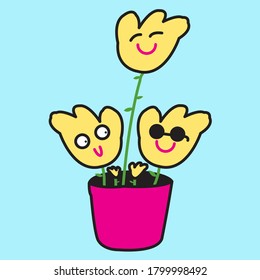 Yellow Flowers With Happy Face In The Pink Pot Concept Card Character illustration