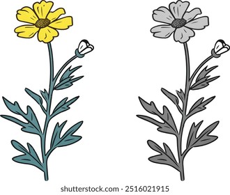 yellow flowers with leaves drawing digital colorful art