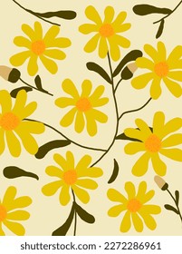 Flores amarillas, patrones de hojas en ilustraciones de fondo de cal vectorial, estética para papel de pared, decoración de pared, cubiertas de plantillas, impresiones de arte