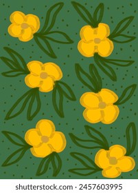 yellow flowers and leaves pattern on green background, illustrations vector, aesthetic for wallpaper, wall decor, templates covers, art prints. Aesthetic