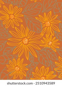 yellow flowers and leaves pattern on orange background, illustrations vector, aesthetic for wallpaper, wall decor, templates covers, art prints. Aesthetic