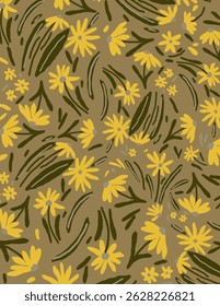 Patrón de flores y hojas amarillas sobre fondo verde, Vector de ilustraciones, estética para el Fondo de pantalla, decoración de la pared, cubiertas de Plantillas, impresiones artísticas. Estética