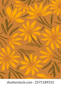 Yellow flowers and leaves patterns on orange background for web banner, branding package, fabric print, wallpaper, social media post, doodle, notes, book covers, wall decor.