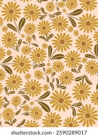 Yellow flowers and leaves patterns on pink background for web banner, branding package, fabric print, wallpaper, social media post, doodle, notes, book covers, wall decor.