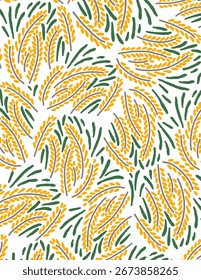 gelbe Blumen mit Blattmustern auf weißem Hintergrund für die Markenbildung, Stoffdruck, Tapete, Social-Media-Post, Doodle, Notizen, Buchumschläge, Wanddekoration.
