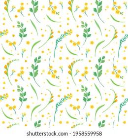 Yellow flowers and leaves seamless pattern. Blossoms floral decorative backdrop. Blooming spring plants. Vintage textile, fabric, wallpaper design