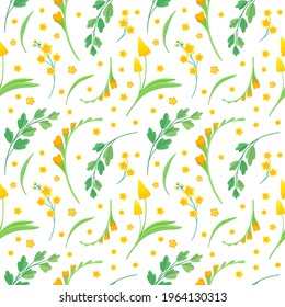 Yellow flowers and leaves seamless pattern. Blossoms floral decorative backdrop. Blooming spring plants. Vintage textile, fabric, wallpaper design on a white background