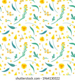 Yellow flowers and leaves seamless pattern. Blossoms floral decorative backdrop. Blooming spring plants. Vintage textile, fabric, wallpaper design on a white background