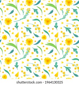 Flores amarillas y hojas sin costura. Colores florales en el fondo. Plantas primaverales florecientes. Tejidos de época, tejidos, diseños de papel pintado sobre fondo blanco