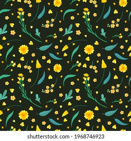 Yellow flowers and leaves seamless pattern. Blossoms floral decorative backdrop. Blooming spring plants. Vintage textile, fabric, wallpaper design on a dark background
