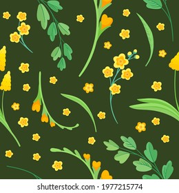 Yellow flowers and leaves seamless pattern. Blossoms floral decorative backdrop. Blooming spring plants. Vintage textile, fabric, wallpaper design on a dark background
