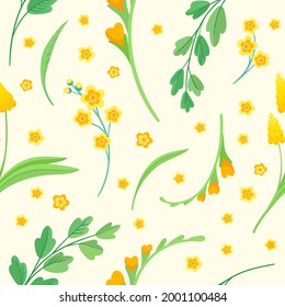 Yellow flowers and leaves seamless pattern. Blossoms floral decorative backdrop. Blooming spring plants. Vintage textile, fabric, wallpaper design on a beige background
