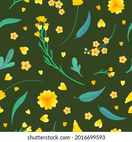 Yellow flowers and leaves seamless pattern. Blossoms floral decorative backdrop. Blooming spring plants. Vintage textile, fabric, wallpaper design on a dark background