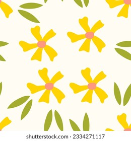Yellow flowers with leaves seamless pattern. Floral background with geometric flowers. Flat botanical texture