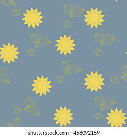 Yellow flowers with leaves seamless pattern on grey background. Template for prints, textile, wrapping,  decoration, wallpaper. Fashion and modern design. Abstract stylish design. Vector illustration