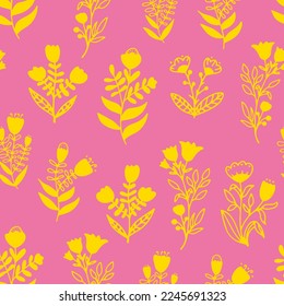 Yellow flowers with leaves seamless repeat pattern. Bundle of two, vector botanicals all over surface print on pink background.