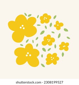 Flores amarillas y minihojas en forma de círculo. Colección de formas coloridas. Dibujado a mano, estilo boho, diseño retro. Elementos para la web, scrapbooking, pegatinas, papel pintado, afiche.