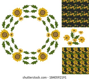Yellow flowers on black background vector set: two floral seamless patterns, round wreath frame with sunflowers and yellow flowers isolated objects.