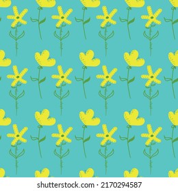 Flores amarillas de fondo azul. patrón sin vector. ilustración floral de verano
