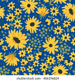 Yellow flowers on the blue background. Vector seamless pattern with sunflowers. Ditsy floral illustration. 