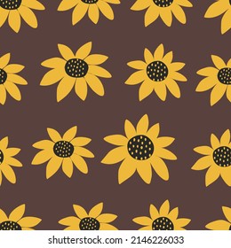 Yellow flowers on a brown background. Sunflowers hand drawn vector illustration. Floral seamless pattern.