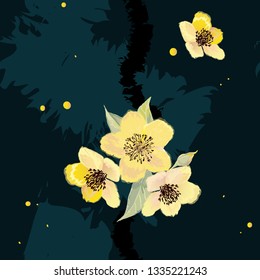 Yellow flowers on deep background, vector, boho style