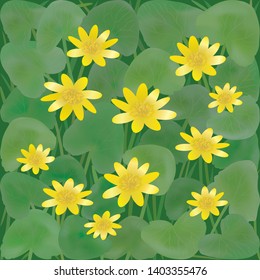 Yellow flowers on green background. Vector illustration. Summer bright background. Floral spring pattern on yellow-green background.