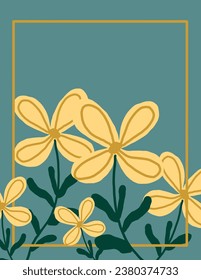 Yellow flowers on green background and yellow frame for web banner, business presentation, branding package, fabric print, wallpaper, social media post, doodle, notes, book covers, wall decor.