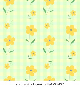 Yellow flowers on green and yellow grid background, fabric pattern, gift wrapping paper, notebook cover , seamless pattern 