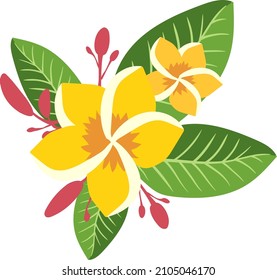 Yellow flowers on green leaves. Tropical paradise symbol