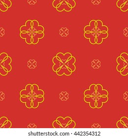Yellow flowers on red background. Abstract geometric seamless pattern. Fashion graphic. Modern spring and summer stylish design. Template for prints, textile, wrapping and decoration, wallpaper.