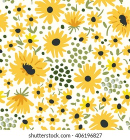 Yellow flowers on the white background. Vector seamless pattern with sunflowers. Ditsy floral illustration. 