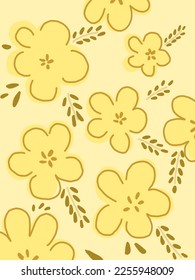 Flores amarillas con las hojas sobre fondo amarillo. ilustraciones, estética vectorial para papel pintado, decoración de pared, cubiertas de plantillas, impresiones de arte
