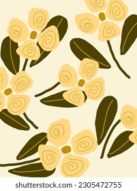 Yellow flowers pattern with the leaves on white background. illustrations, vector aesthetic for wallpaper, wall decor, templates covers, art prints