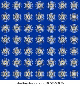 Yellow flowers pattern on blue background. Abstract and geometrical.