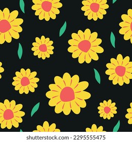 Yellow flowers pattern, summer flowering plants, bright colors on a black background