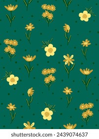 Yellow flowers patterns on green background for branding, fabric print, wallpaper, social media post, doodle, notes, book covers, wall decor.