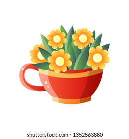 Yellow flowers in red jug isolated on white background