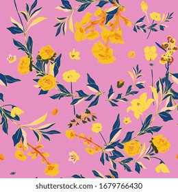 Yellow flowers of roses and poppies, twigs of grass and leaves on pink color background. Seamless vector pattern. Illustration with plants.