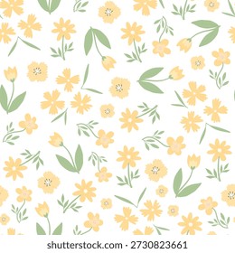 Padrão sem costura de flores amarelas com folhas no fundo branco para impressões têxteis, papel de parede, scrapbooking, papel de embrulho, papelaria, fundos, papelaria, banners, embalagens, etc. EPS 10