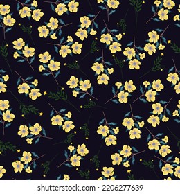 yellow flowers seamless pattern on blue background