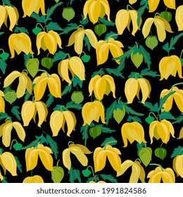 yellow flowers seamless pattern. Summer floral background. Physalis or clematis, doodles style