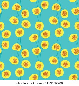 yellow flowers seamless vector pattern on blue