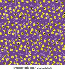 yellow flowers seamless vector pattern, geometrical botanical print, violet background