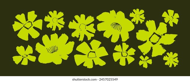 Yellow flowers set in trendy style on black background.  Hand drawn  illustration for decorative design. Doodle vector. Botanical ink ornament