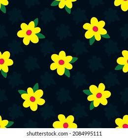 Die gelben Blumen sind einfach auf dunklem Hintergrund. Das Vektormuster ist nahtlos. Für Textilien, Gewebe, Umhüllungspapier, Hintergrund, Tapete.