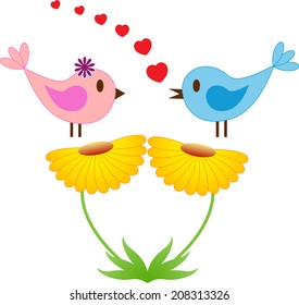 Yellow Flowers and Singing Birds, Blue and Pink Bird , Flowers Vector Birds Vector
