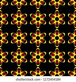 Yellow flowers and skulls on black background, seamless pattern, vector