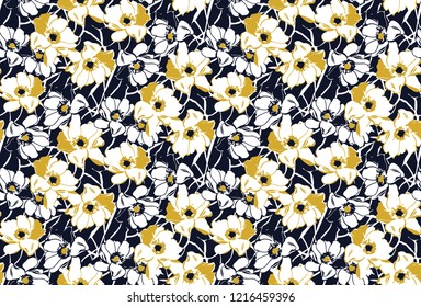yellow flowers with stems, seamless pattern for printing on fabric