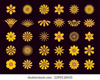 Flores amarillas. flores estilizadas diferentes formas redondeadas para los logotipos plantillas de diseño. Conjunto de colecciones de vectores